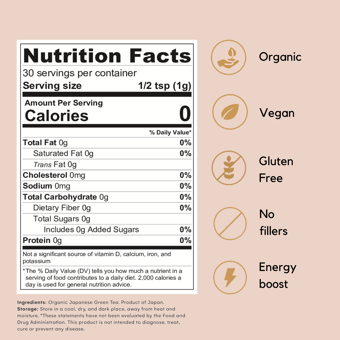 Back of the Greenboxed matcha latte grade pouch is shown. This imagines shows the way how to make the lattes using the matcha. Also shows the nutritional fact image, the UPC code and the social media handle of the company. The pouch is black and has green flowers as a decoration.