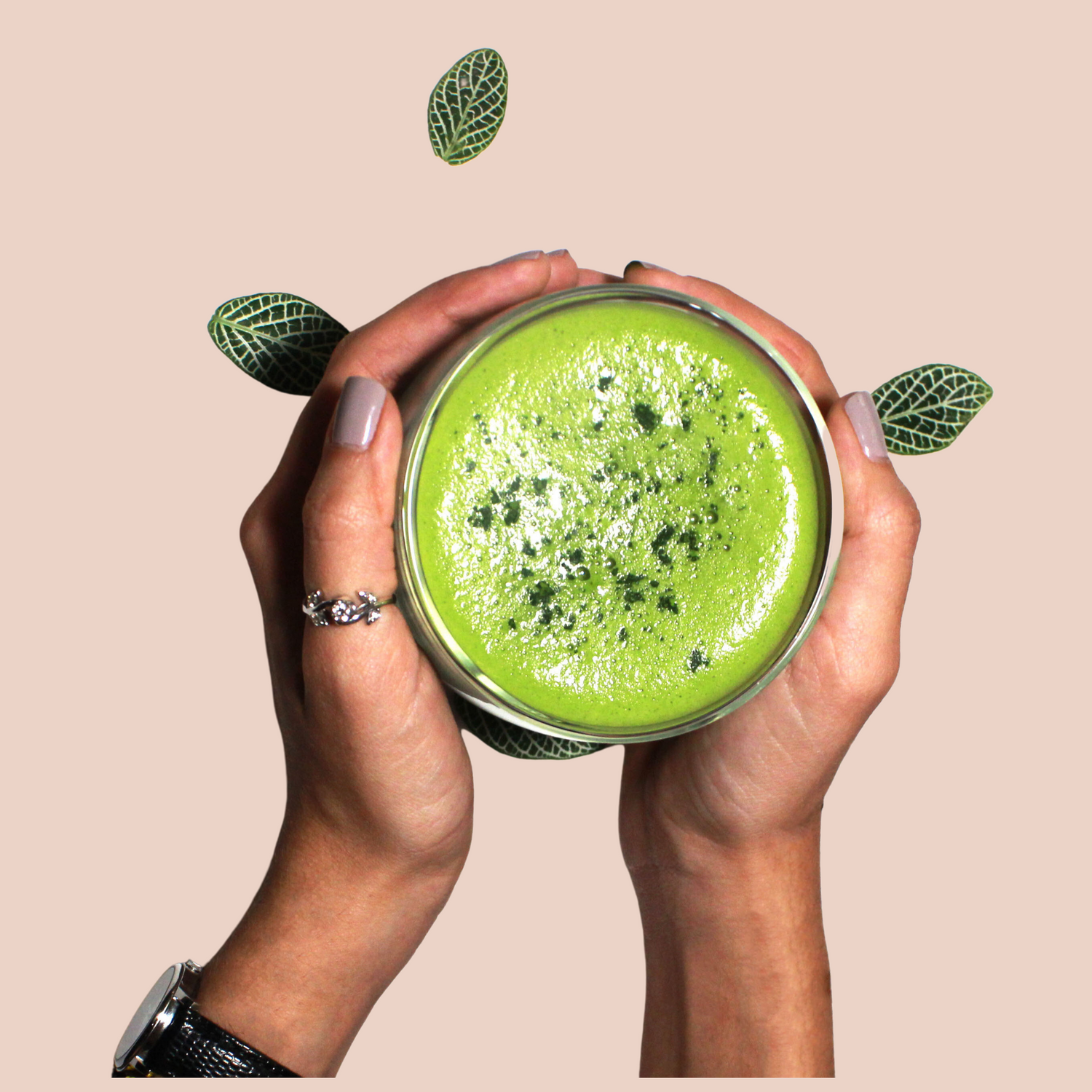 Two hands holding a matcha latte made with Greenboxed matcha green tea powder. The hands have a ring and a watch. Also, it displays few leaves around the glass. The color of matcha latte is quality vibrant green. Greenboxed matcha also offers wholesale / bulk matcha green tea powder.  