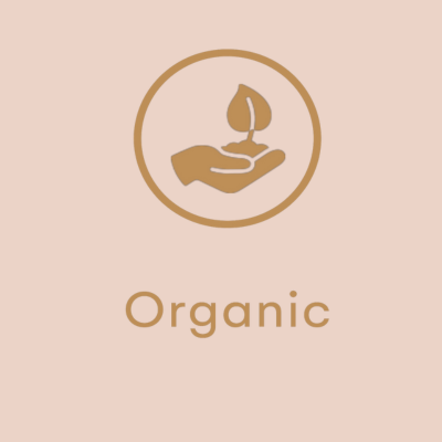 A hand with a leave icon. The background of the photo is pink and the letters are in gold color. Shows the word , organic . Greenboxed matcha is indicating its matcha powder is USDA certified organic and ideal for individuals that take care of the products they consume. Best afforable brand for culinary and matcha latte creations without compromising quality