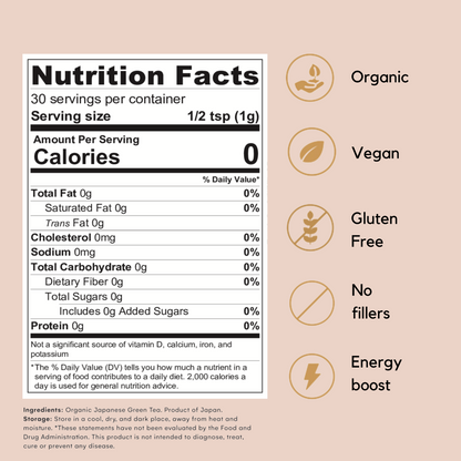 This image displays the nutrition facts per container. Greenboxed matcha contains 0 calories per serving. It also has different images with text describing some properties of the product. Some of the properties of the greenboxed matcha are, organic, vegan, gluten free, no fillers and energy boost. Also states this is an organic Japanese green tea product of Japan. The FDA disclaimer is stated