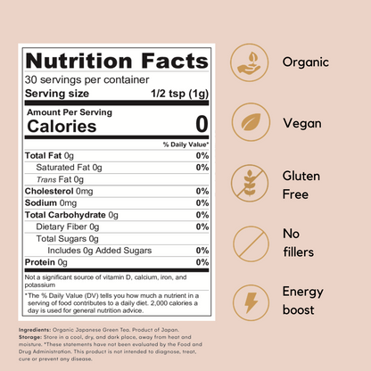 Back of the Greenboxed matcha latte grade pouch is shown. This imagines shows the way how to make the lattes using the matcha. Also shows the nutritional fact image, the UPC code and the social media handle of the company. The pouch is black and has green flowers as a decoration.