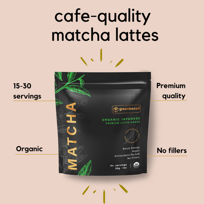 Greenboxed matcha latte grade pouch with few arrows indicating some characteristics of this product. It states 15 to 30 servings, premium quality, organic and no fillers. It also has a headline indicating this product is ideal for matcha lattes. 