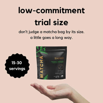 Hand with greenboxed matcha pouch 1oz - 30g displaying the size of the bag. There is a text that states " low - commitment trial size , don't judge a matcha bag by its size. A little goes a long way" . 15 to 30  servings per 1oz - 30g bag.  Black pouch