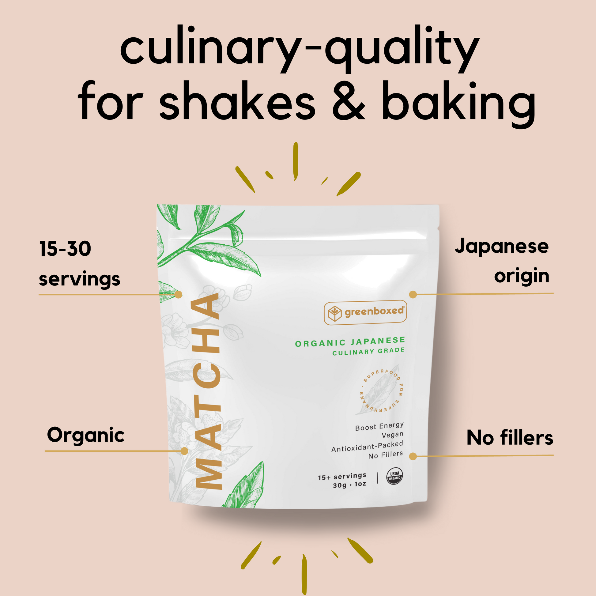Greenboxed culinary matcha pouch with product description. The image shows the following details: This product is from Japan, Organic, has no fillers, and contains 15 to 30 servings. It also has a headline that states, culinary quality for shakes & baking.