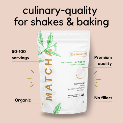 Greenboxed matcha culinary grade pouch with few arrows indicating some characteristics of this product. It states 50 to 100 servings, premium quality, organic and no fillers. It also has a headline indicating this product is ideal for shakes and baking. 