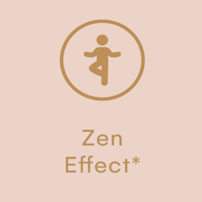 A image of a man doing a yoga pose icon. The background of the photo is pink and the letters are in gold color. Shows the word , zen effect.  One of the main components of match is  L-Theanine, because of it one of Matcha's benefit is to promotes relaxation 