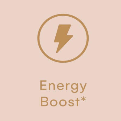 An image with a thunder icon. The background of the photo is pink and the letters are in gold color. Shows the word , energy boos. One of the components of matcha is caffeine. Matcha gives you steady energy for hours without side effects such as jitters 