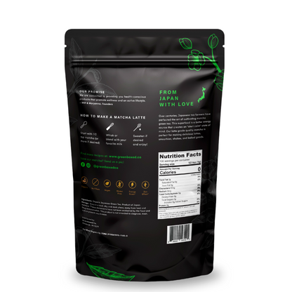 Back of the Greenboxed matcha culinary pouch is shown. This imagines shows the way how to make the lattes using the matcha. Also shows the nutritional fact image, the UPC code and the social media handle of the company. The pouch is black and has green flowers as a decoration.