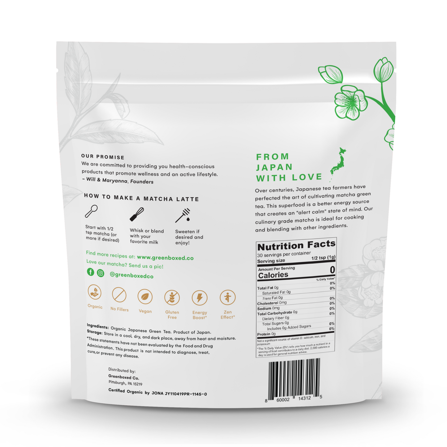 Back of the greenboxed matcha culinary pouch is shown. This imagines shows the way how to make the lattes using the matcha. Also shows the nutritional fact image, the UPC code and the social media handle of the company. The pouch is white and has green flowers as a decoration.