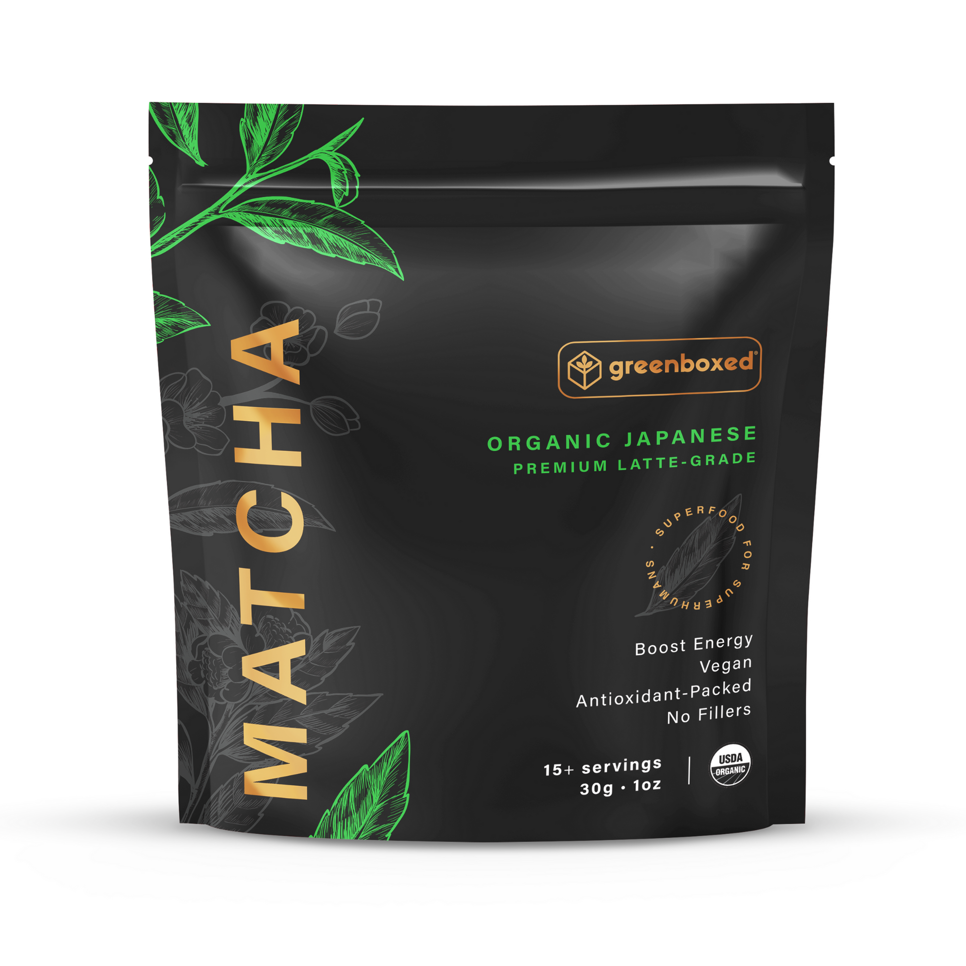 Greenboxed organic Japanese matcha. Latte grade. 1oz - 30g matcha bag. Black pouch BPA free. 15 to 30 servings. Best for daily matcha lattes at home.