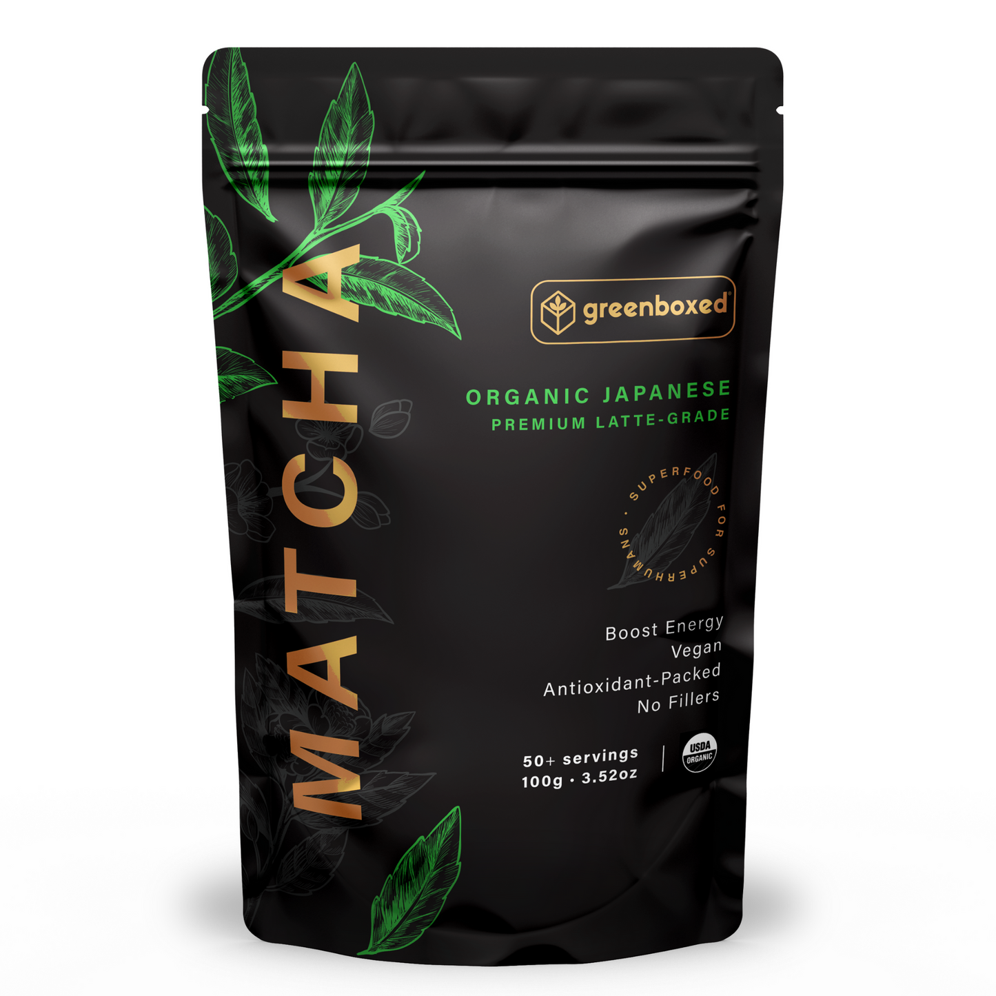 Greenboxed organic Japanese matcha. Latte grade. 3.52oz - 100g matcha bag. Black pouch BPA free. 50 to 100 servings. Best for daily matcha lattes at home.