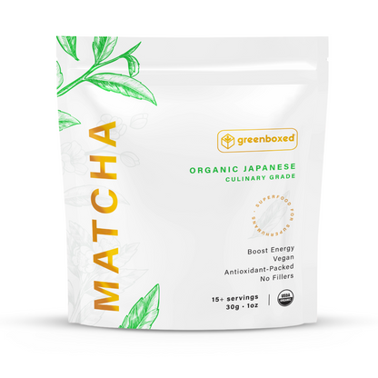 Greenboxed organic Japanese matcha. Culinary grade. 1oz - 30g matcha bag. White pouch BPA free. 15 to 30 servings. Best for culinary purposes.