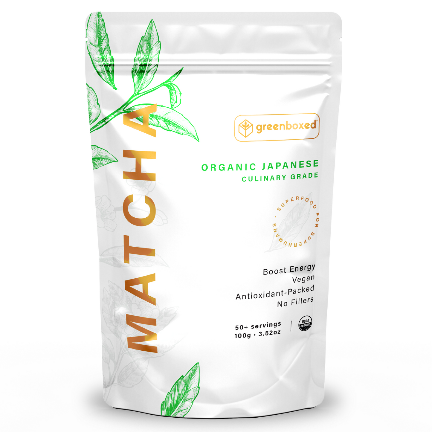 Greenboxed organic Japanese matcha. Culinary grade. 3.52oz - 100g matcha bag. White pouch BPA free. 50 to 100 servings. Best for culinary purposes.