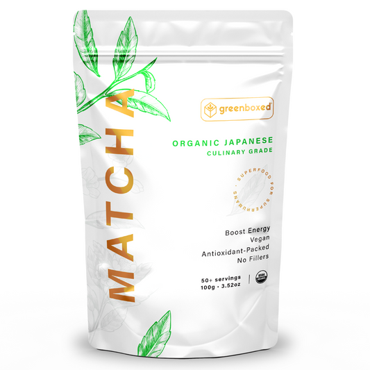 Greenboxed organic Japanese matcha. Culinary grade. 3.52oz - 100g matcha bag. White pouch BPA free. 50 to 100 servings. Best for culinary purposes.